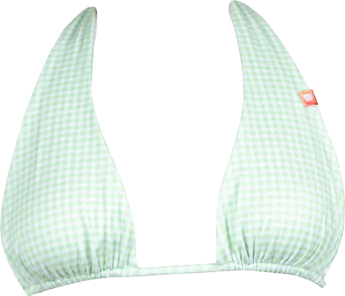 Ghost mannequin photo featuring the Aalyia bikini top from Bikiboom’s Green Mirage collection, with white and pastel green gingham check patterns. Stylish and fresh swimwear perfect for summer beach or pool looks.