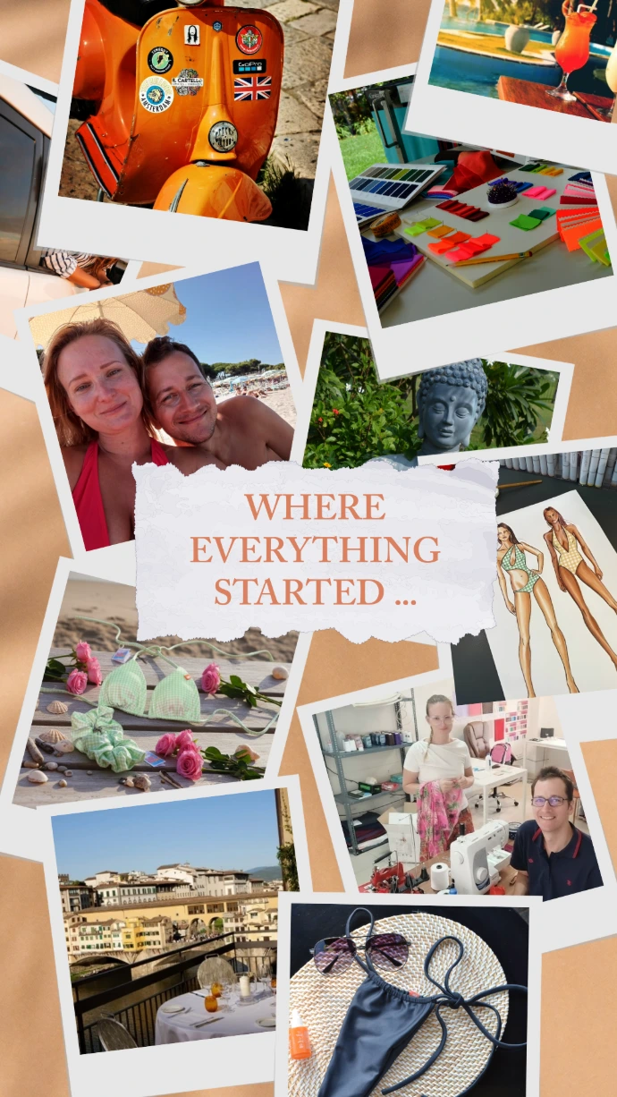 Moodboard illustrating the creation story of Bikiboom with photos of founders Sandrine and Quentin, travel moments, design sketches, and early bikini prototypes.