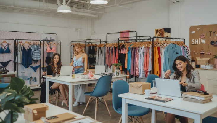 Bikiboom office with women working on laptops surrounded by colorful bikinis and swimwear on racks, creative feminine workspace for swimwear brand.