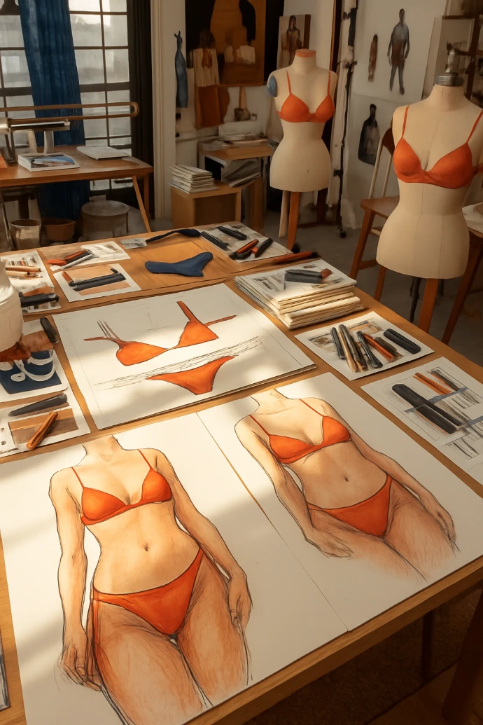 A bikini design studio with swimsuit sketches on the table, mannequins displaying prototypes, and a creative workspace where new swimwear concepts are developed.