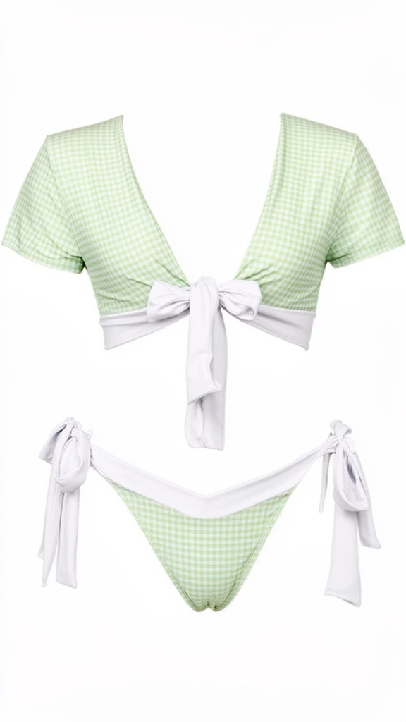 The Elya Green Mirage crop bikini and Aya bikini bottom feature a soft pastel gingham design that enhances your silhouette with a flattering, sculpting fit. This bikini set includes adjustable side ties for comfort