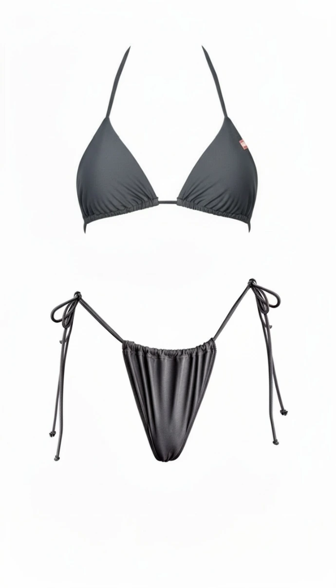 Ghost photo of the Naia two-piece bikini in dark grey, featuring a triangle top and matching bottom, showcasing its clean design, flattering fit, and modern, minimalist silhouette.