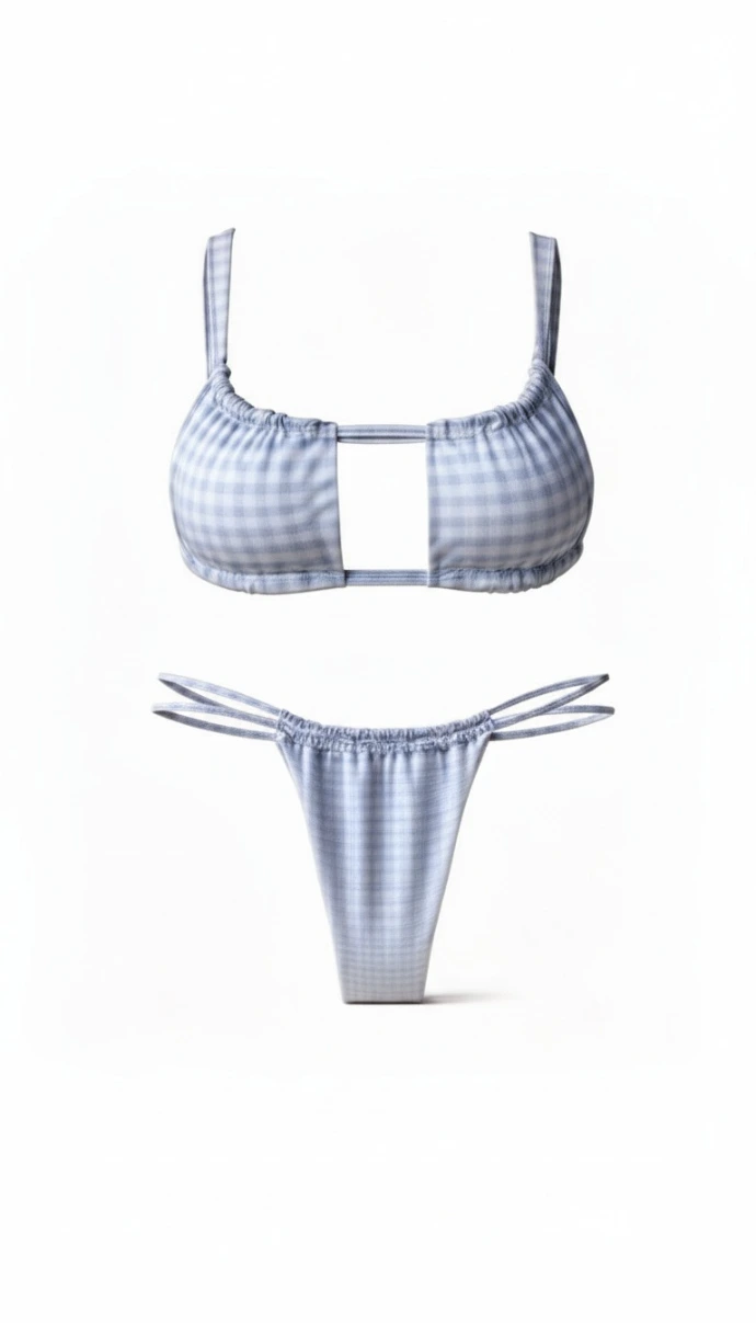 Ocean Mirage checkered bikini set in pastel blue and white, featuring the Marina top and the Acai cheeky bottom with double thin straps at the waist