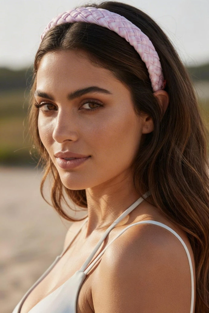 Latina model wearing the BikiBoom Beachy Band Blush Mirage braided headband.