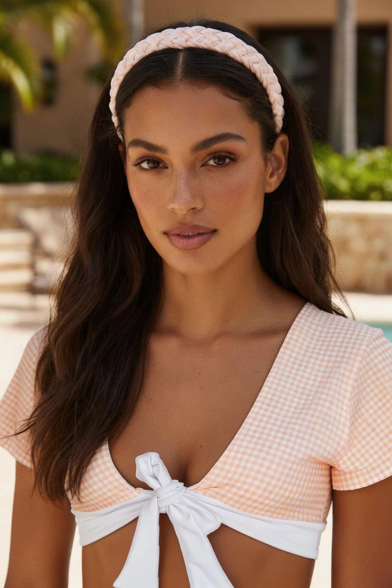 Brunette model with long hair wearing the BikiBoom Beachy Band Ocean Mirage braided headband and the Elya Crop Top Sunfire Mirage.