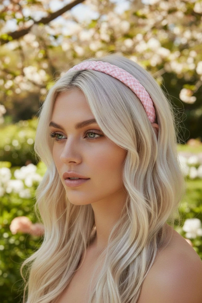 Light blonde model wearing the BikiBoom Beachy Band Orange Sunfire Mirage braided headband.