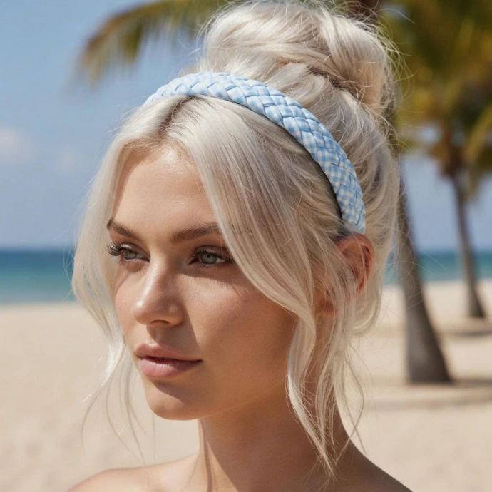 Blonde model wearing the BikiBoom Beachy Band Ocean Mirage braided headband styled in a soft fluffy bun, perfect for beach-ready summer hairstyles.