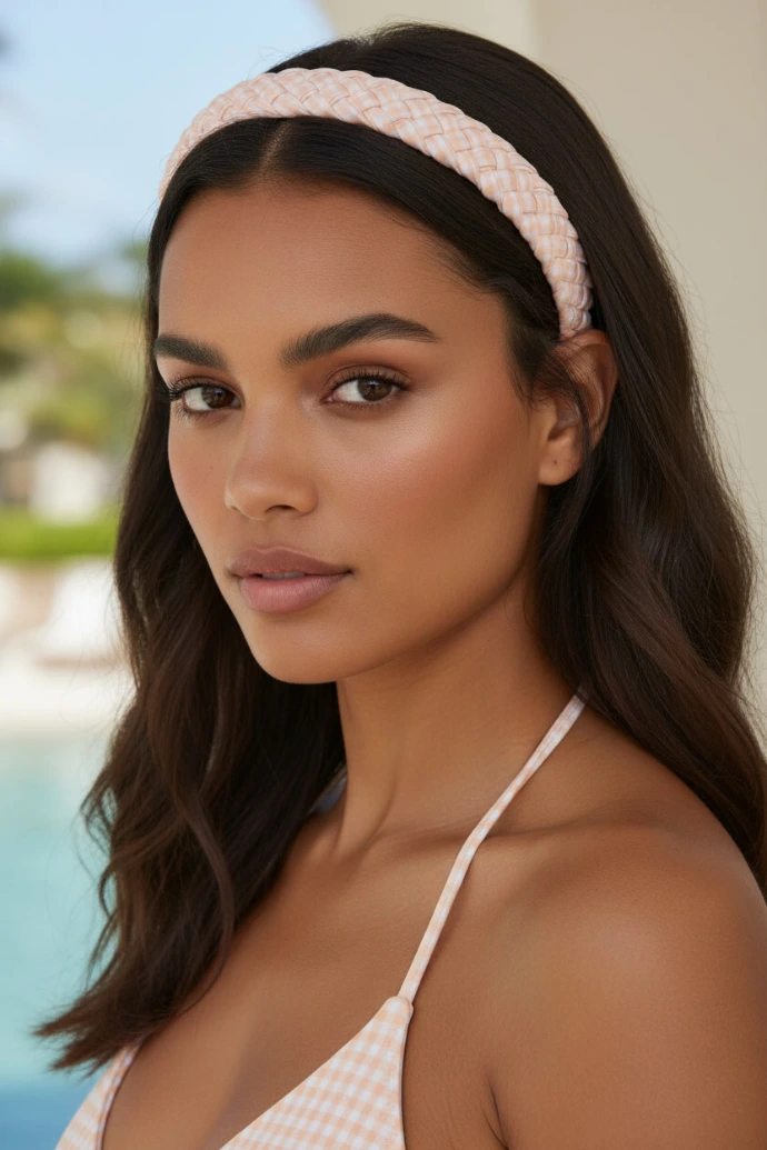 Mixed-race model with slightly wavy, loose hair wearing the BikiBoom Beachy Band Orange Sunfire Mirage braided headband, perfect for playful summer hairstyles.