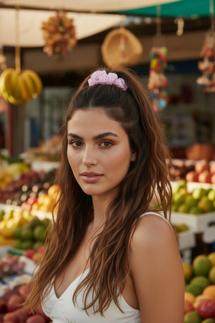 Brunette woman with a half-up ponytail wearing a BikiBoom Blush Mirage scrunchie at a colorful Costa Rica local market