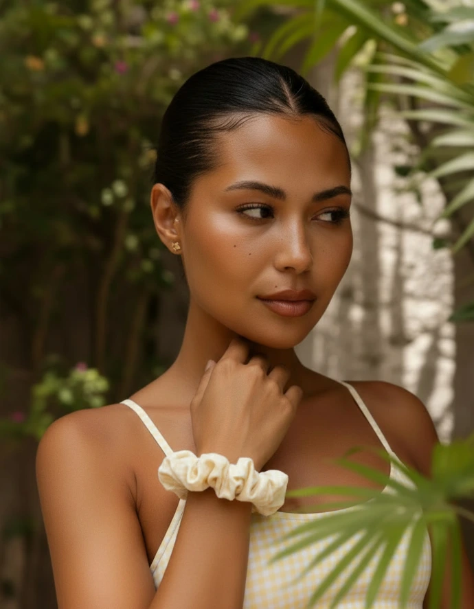 Brunette woman with hair pulled back wearing a Honey Mirage BikiBoom scrunchie on her wrist, posing with her wrist under her chin in a bright tropical setting
