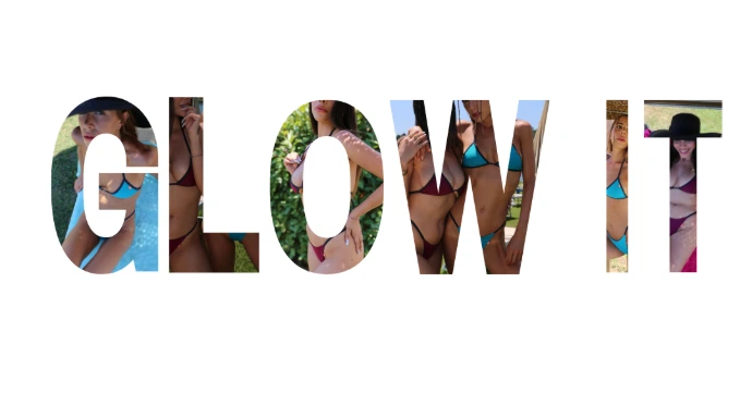 “GLOW IT” lettering filled with photos of women wearing the Sunkiss triangle bikini top and Sidekiss thong bikini bottom in tropical cyan and burgundy with black contrast trim, posing in the sun by the pool and in the garden.