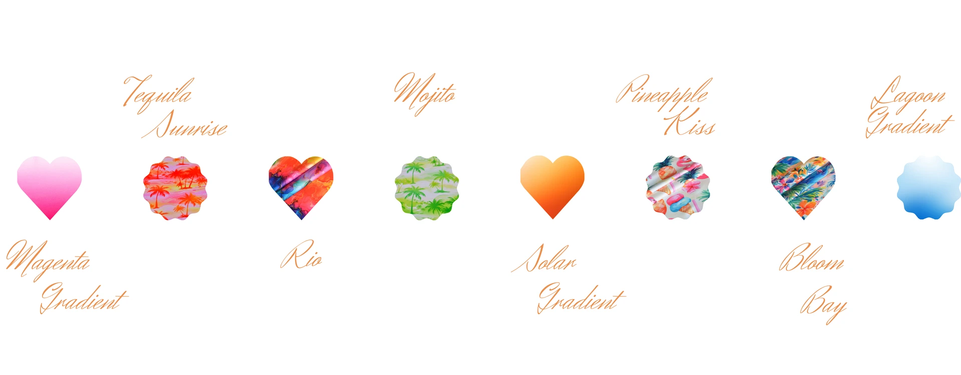 Sunset Glow bikini set color chart in eight shades, Magenta Gradient, Tequila Sunrise, Rio, Mojito, Solar Gradient, Pineapple Kiss, Bloom Bay and Lagoon Gradient